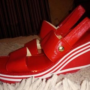 Michael Kors Red White Leather Wedge Heels Size 10.5